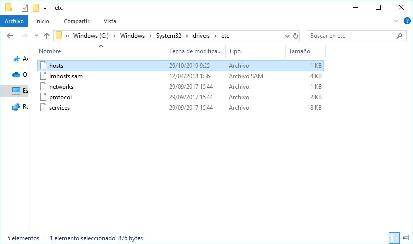 archivo hosts en Windows