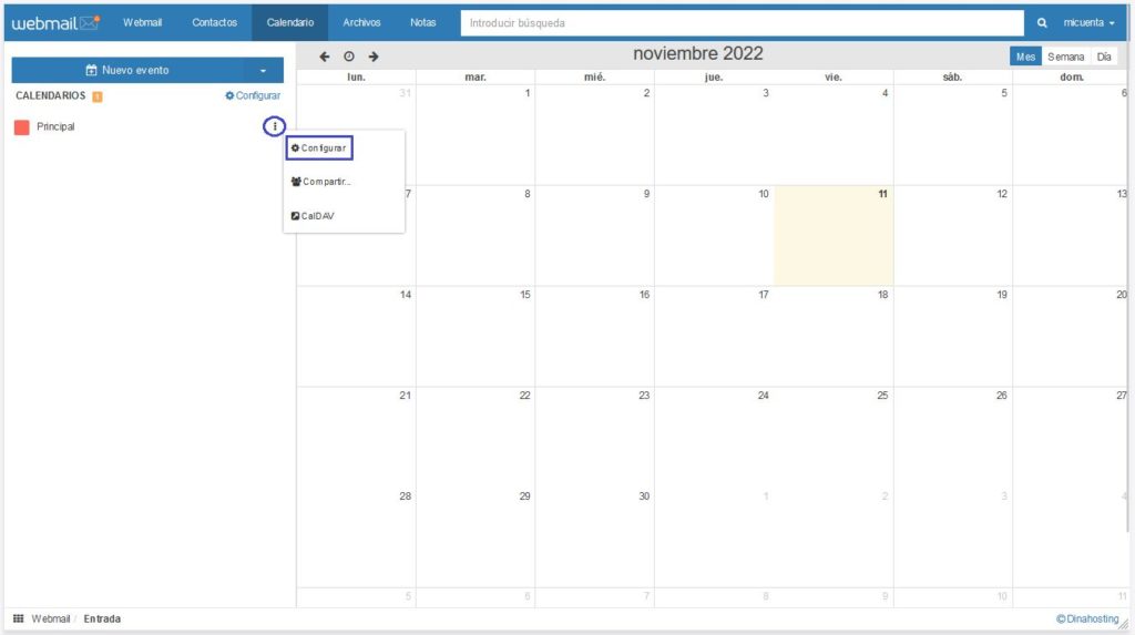 Configurar calendario principal Webmail