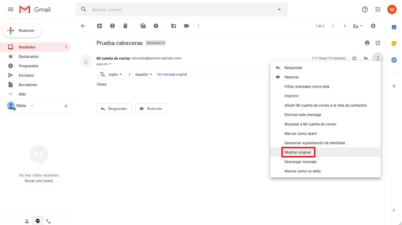 Ver cabeceras de correo en Gmail