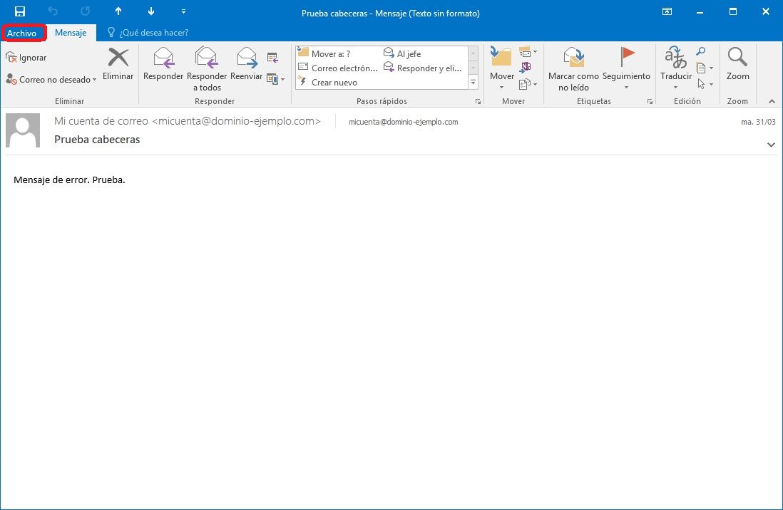 Ver cabeceras de correo en Outlook