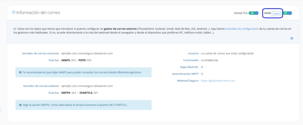 Clave DKIM en el panel