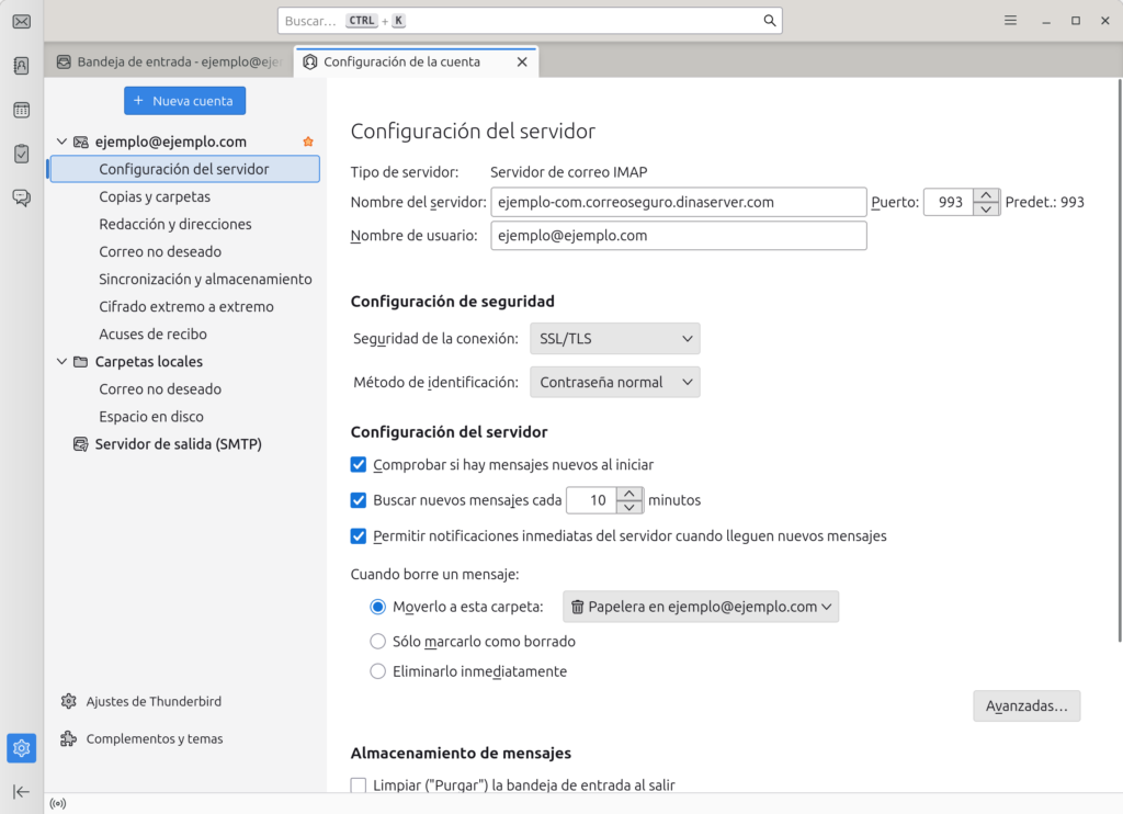 Configuración de thunderbird nueva cuenta