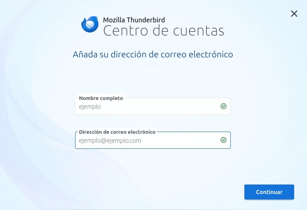 inicio asistente configuración thunderbird