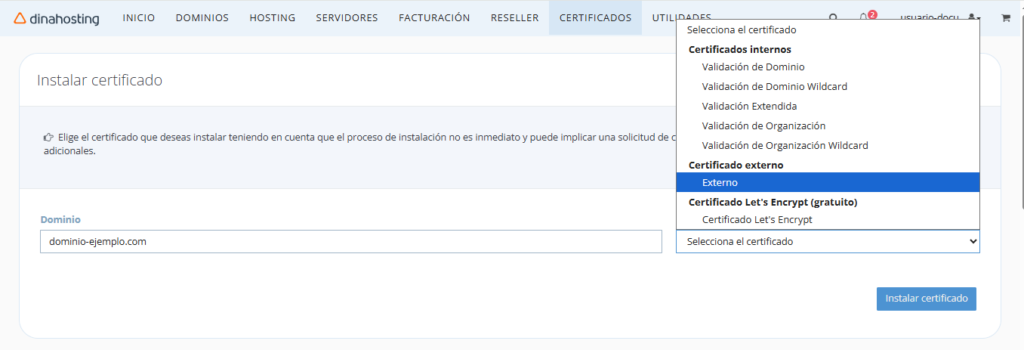 Seleccionar certificado externo