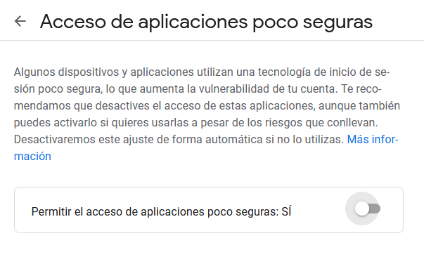 Habilitar acceso de aplicaciones poco seguras gmail