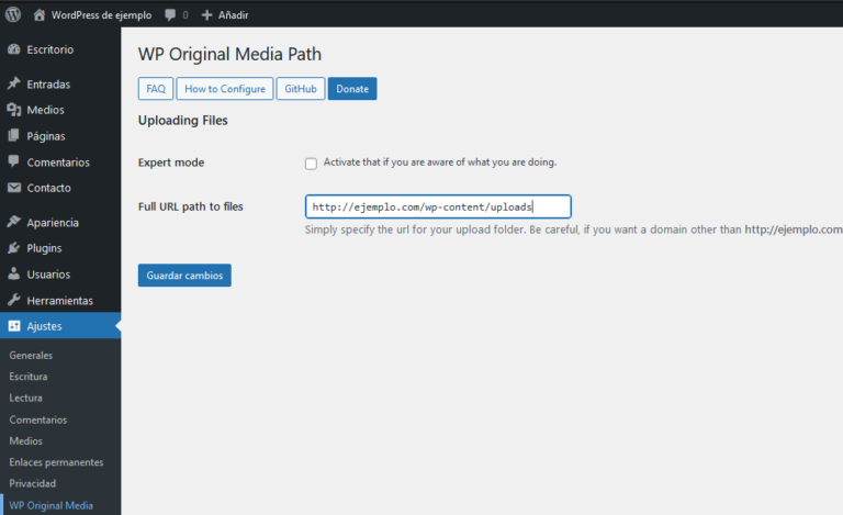 Cómo corregir la ruta de upload path en WordPress
