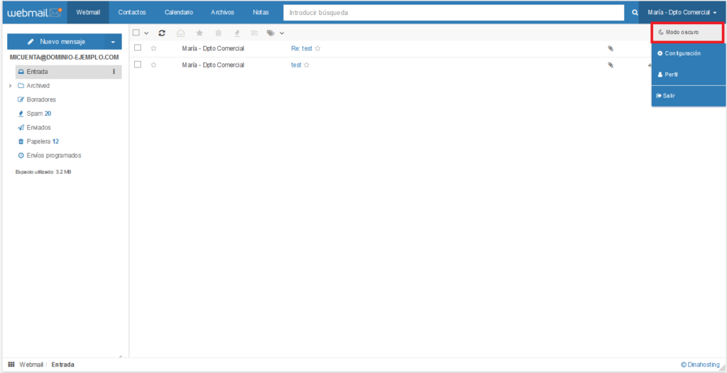 Modo oscuro webmail dinahosting