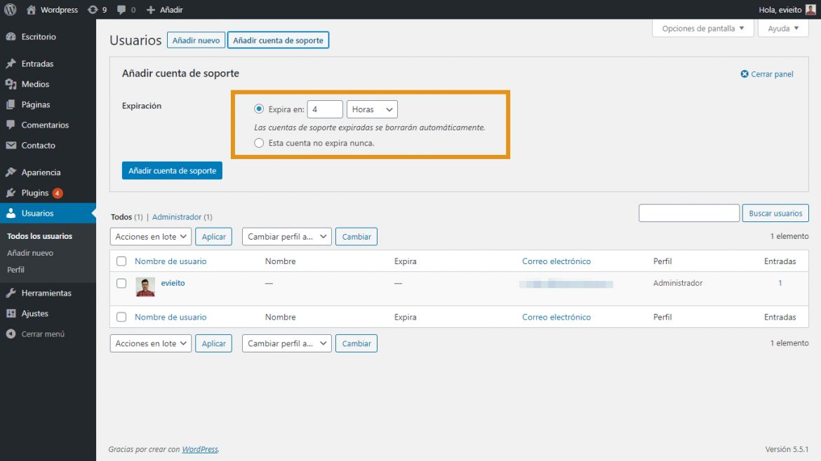 Captura de pantalla del plugin Support me