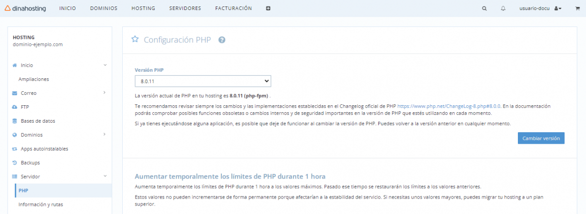Actualizar versión PHP - Panel de Control de dinahosting