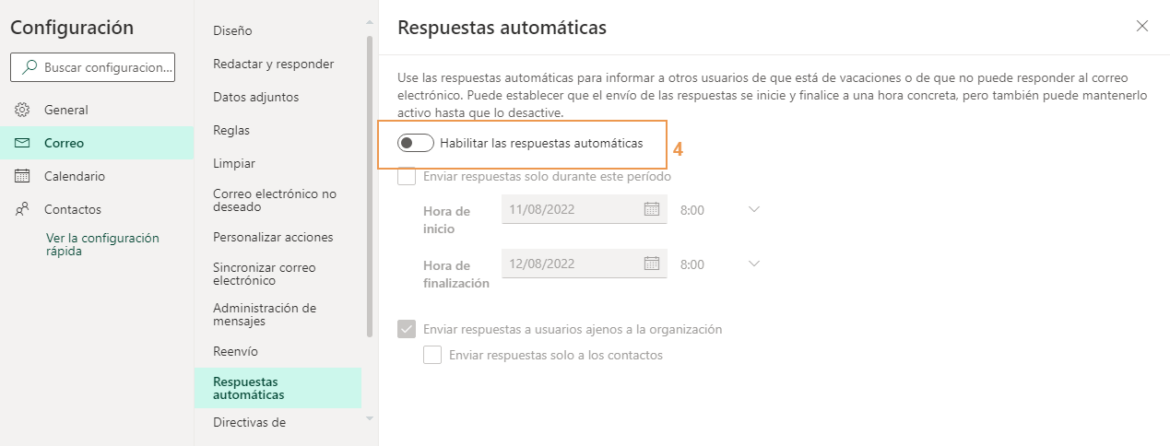 Configurar una respuesta automática en Outlook, paso 3