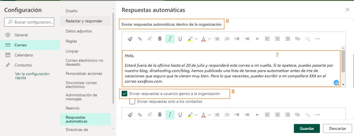 Configurar una respuesta automática en Outlook, paso 4
