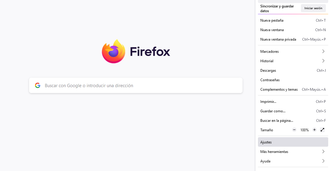 Opción de Ajustes en Firefox
