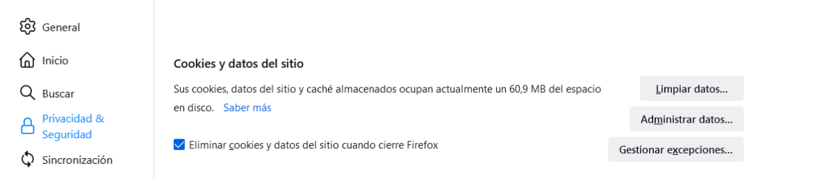 Borrar cookies en Mozilla Firefox