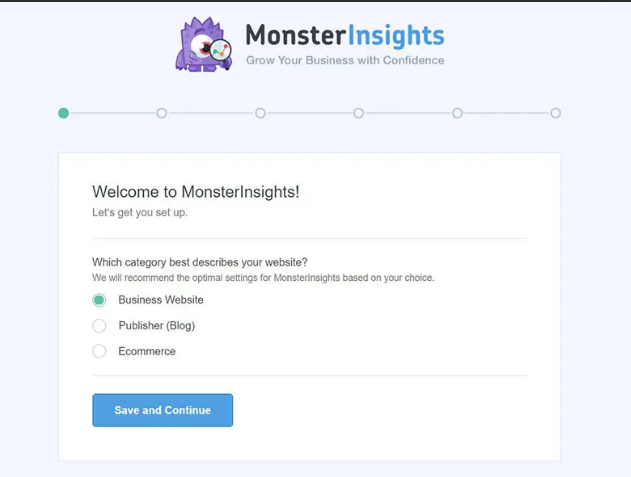 Paso 1, elegir tipo web en MonsterInsights