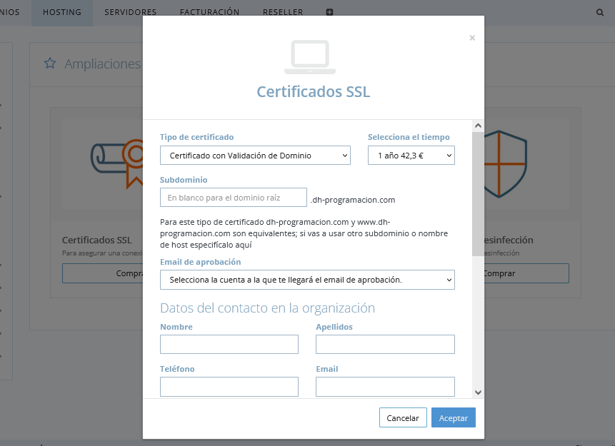 Instalar un certificado SSL desde el Panel de Control de dinahosting