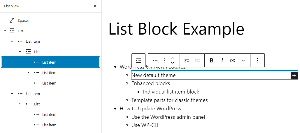 Ejemplo de bloque de lista con elementos anidados en WordPress 6.1