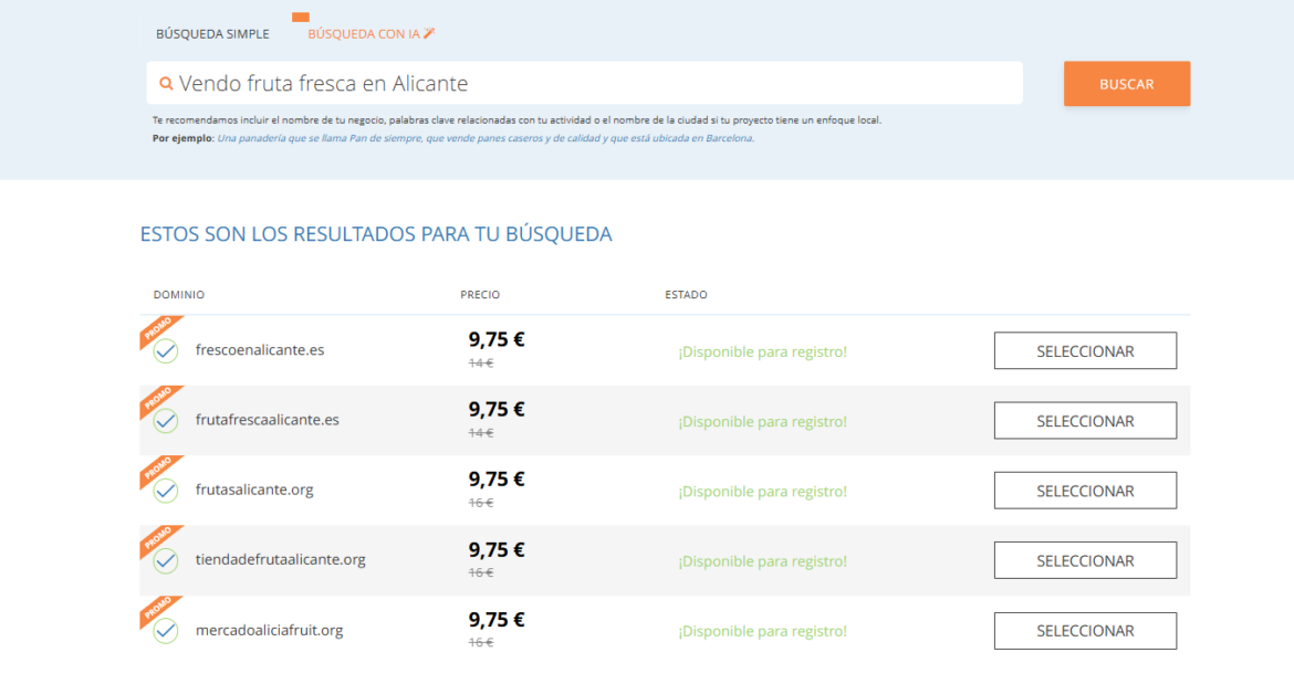 Búsqueda con IA en el buscador avanzado de dominios