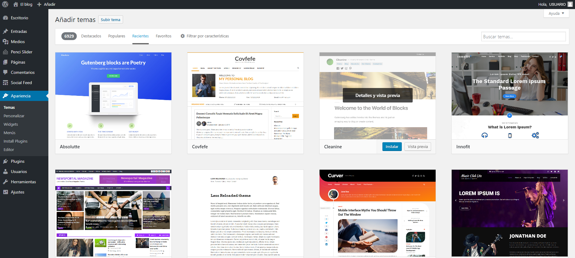 Captura de la galería de temas en WordPress, plantillas de WordPress gratis