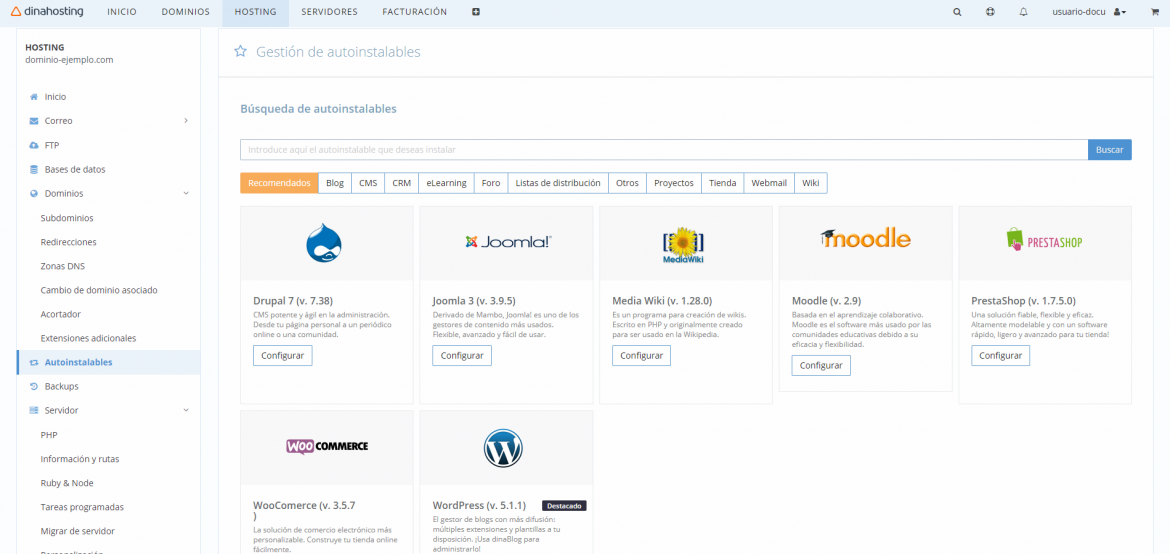 CMS disponibles en dinahosting: WorPress, PrestaShop, Drupal, Joomla...