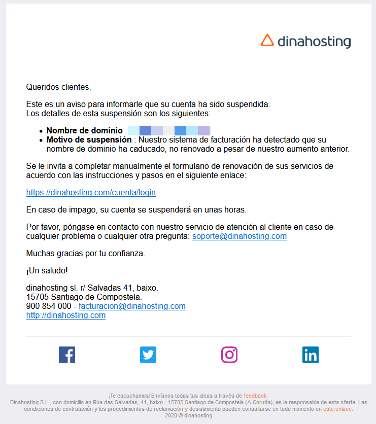 phishing correo de dinahosting