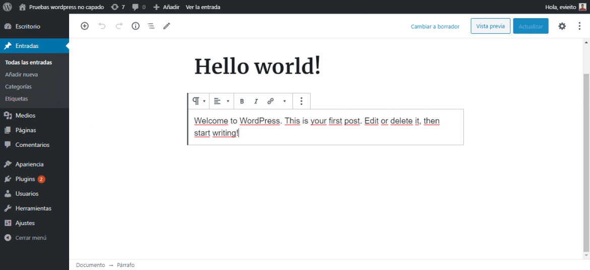 Vista general de un post con el editor Gutenberg de WordPress | dinahosting