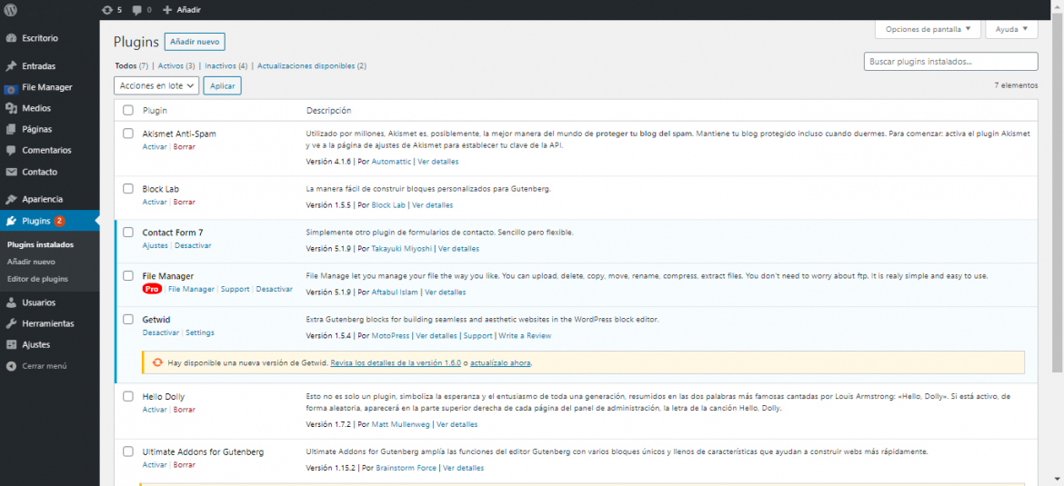 Panel de control de WordPress, sección de plugins
