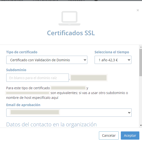 Panel dinahosting contratar certificado SSL