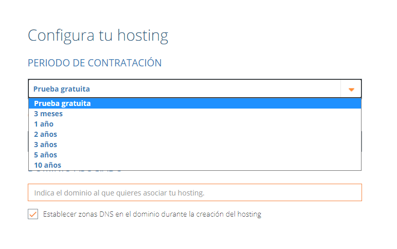 Configurador de hosting de dinahosting. Prueba gratuita