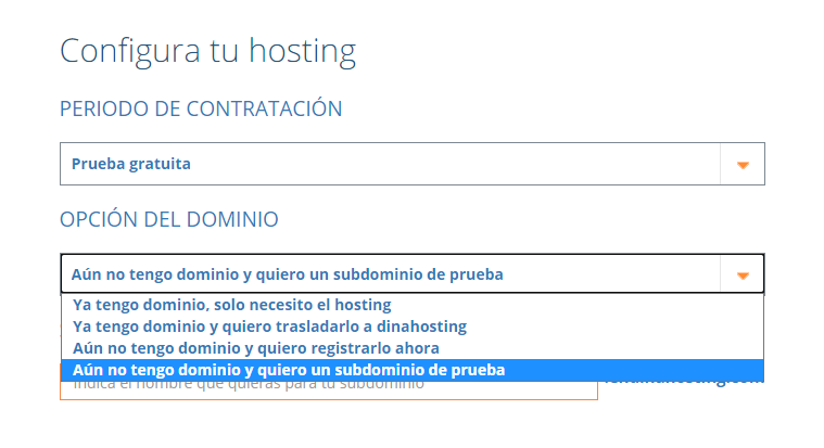 Configurador de hosting de dinahosting. Subdominio de prueba en hosting en pruebas