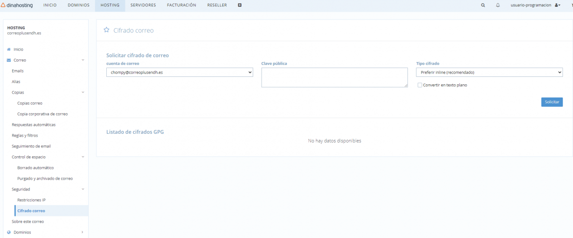 Cifrado de correo en servidor Panel dinahosting