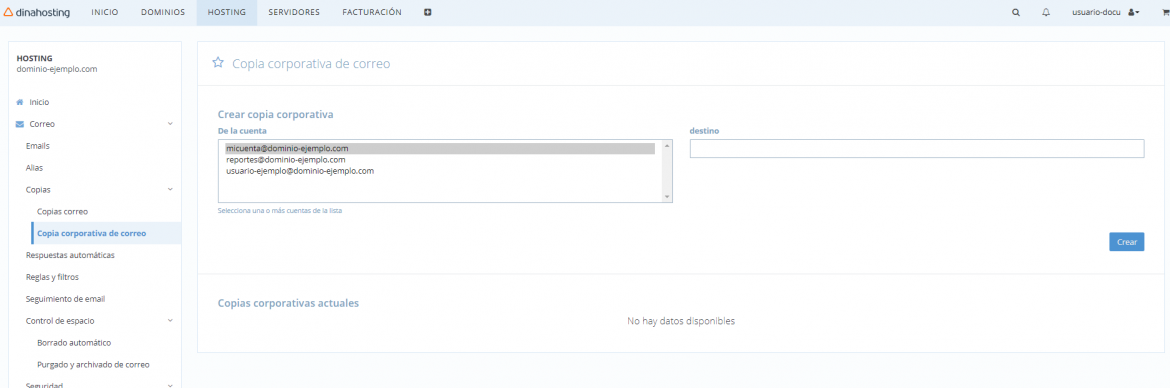 Copia corporativa de correo dinahosting