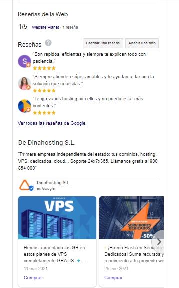 Ficha de dinahosting en Google My Business 