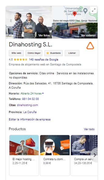 Ficha de dinahosting en Google My Business