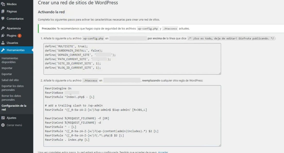 Multisite de WordPress, editar archivos wp-config y .htaccess