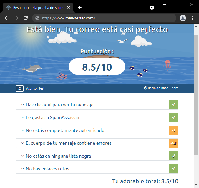 Ejemplo de uso de la herramienta mail-tester.com