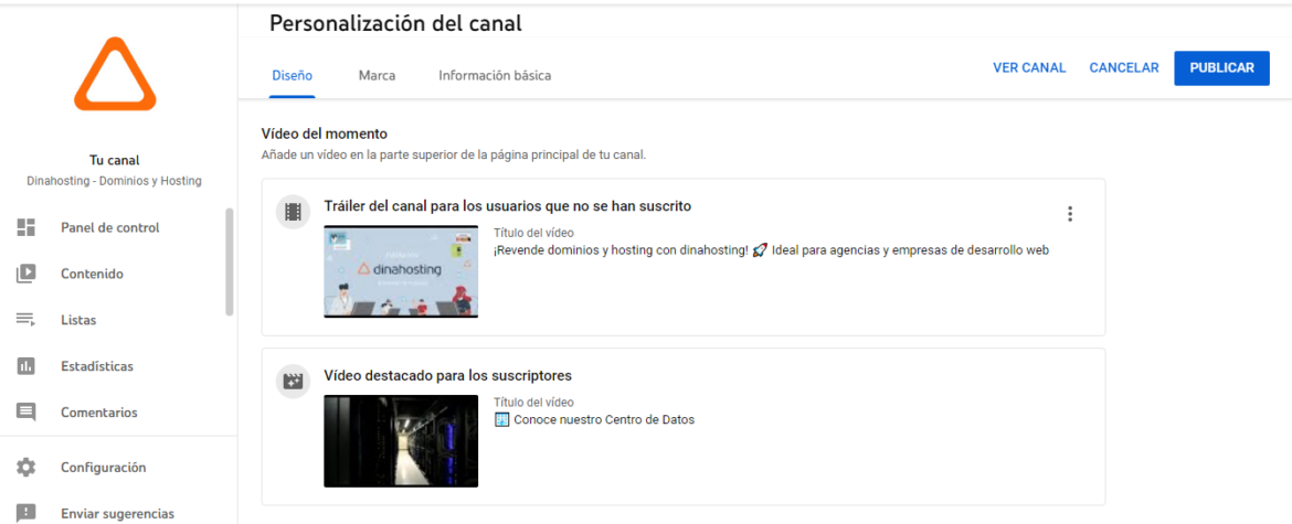 personalización canal dinahosting seo youtube