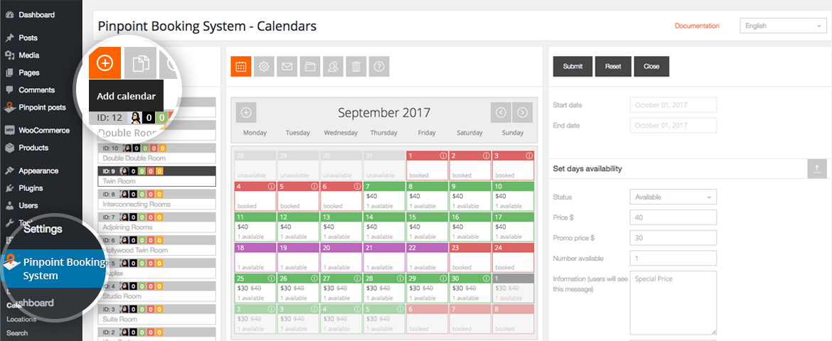 Dashboard del plugin Pinpoint Booking
