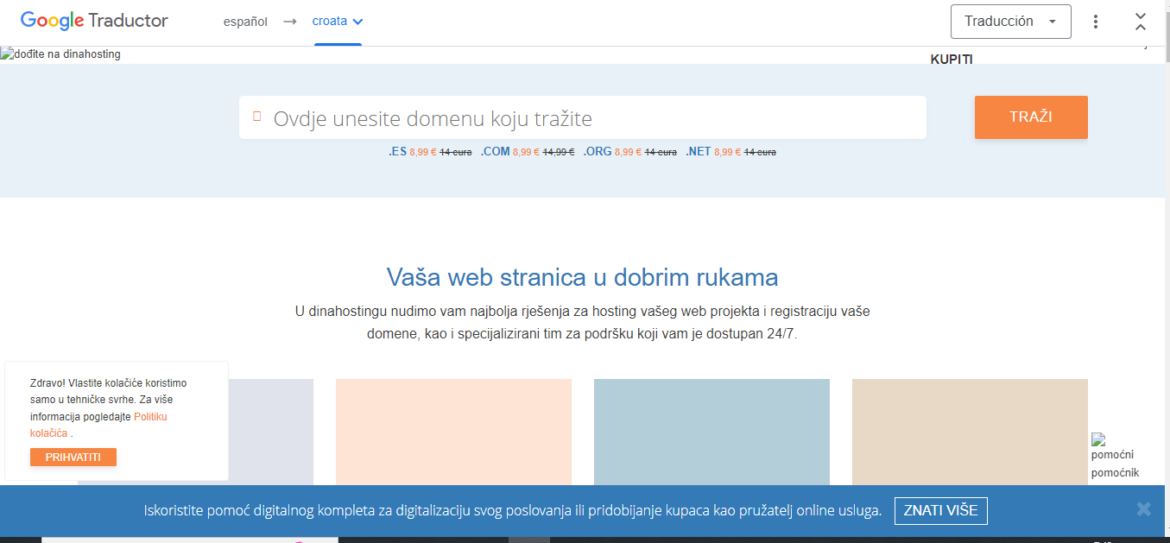 Traducción de la web de dinahosting al croata con Google Translate