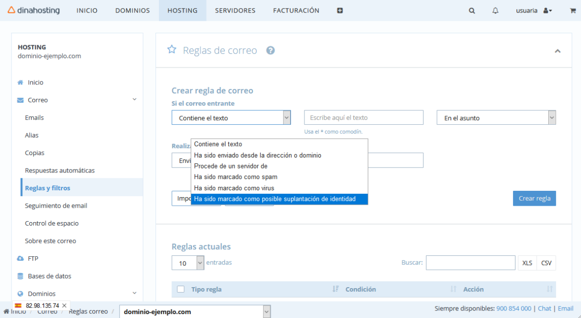 Configurar reglas y filtros de correo en el Panel de Control de dinahosting