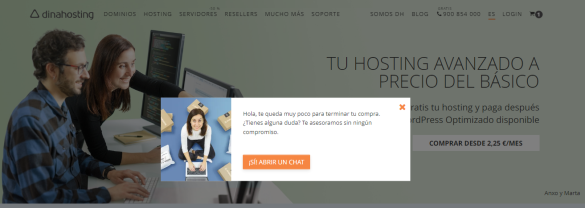 Ejemplo de pop up en la web de dinahosting