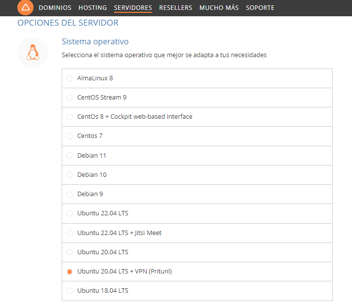 Sistema Operativo Ubuntu 20.04 LTS + VPN (Pritunl) en dinahosting
