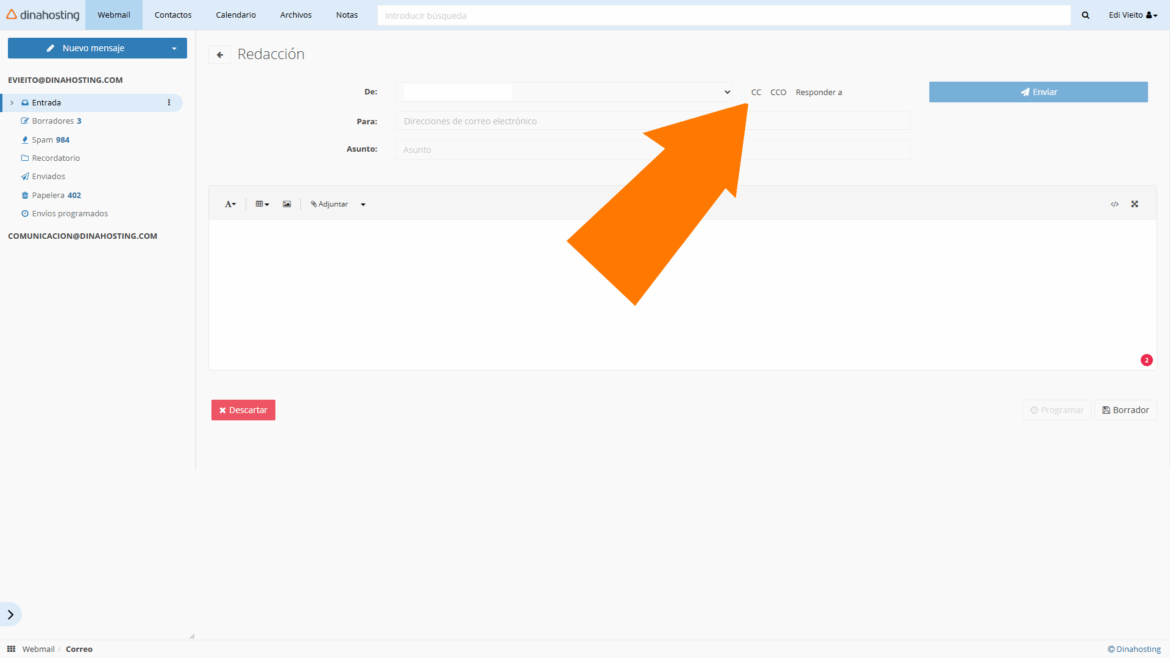 Campos CC y CCo webmail dinahosting