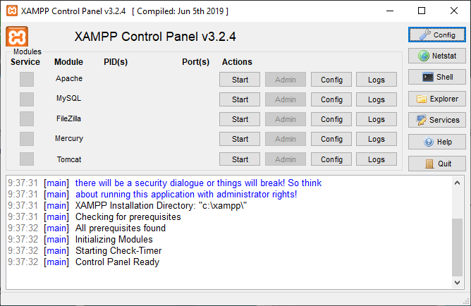 Panel de control de XAMPP, para crear un servidor web local