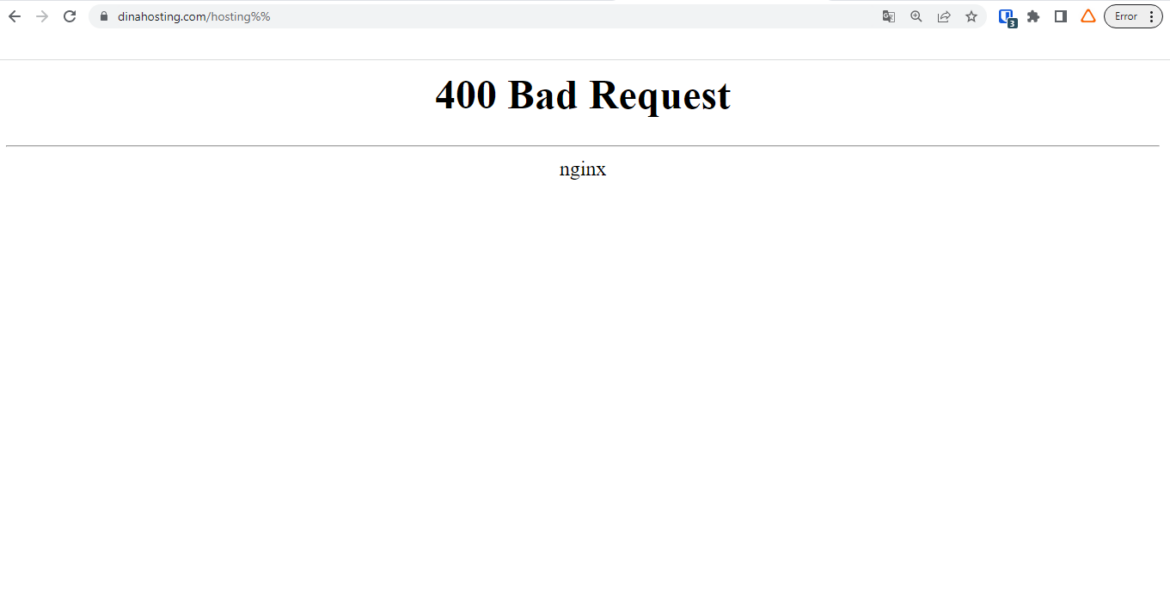 Visualización Error 400 Bad Request en dinahosting.com como ejemplo con la URL mal escrita