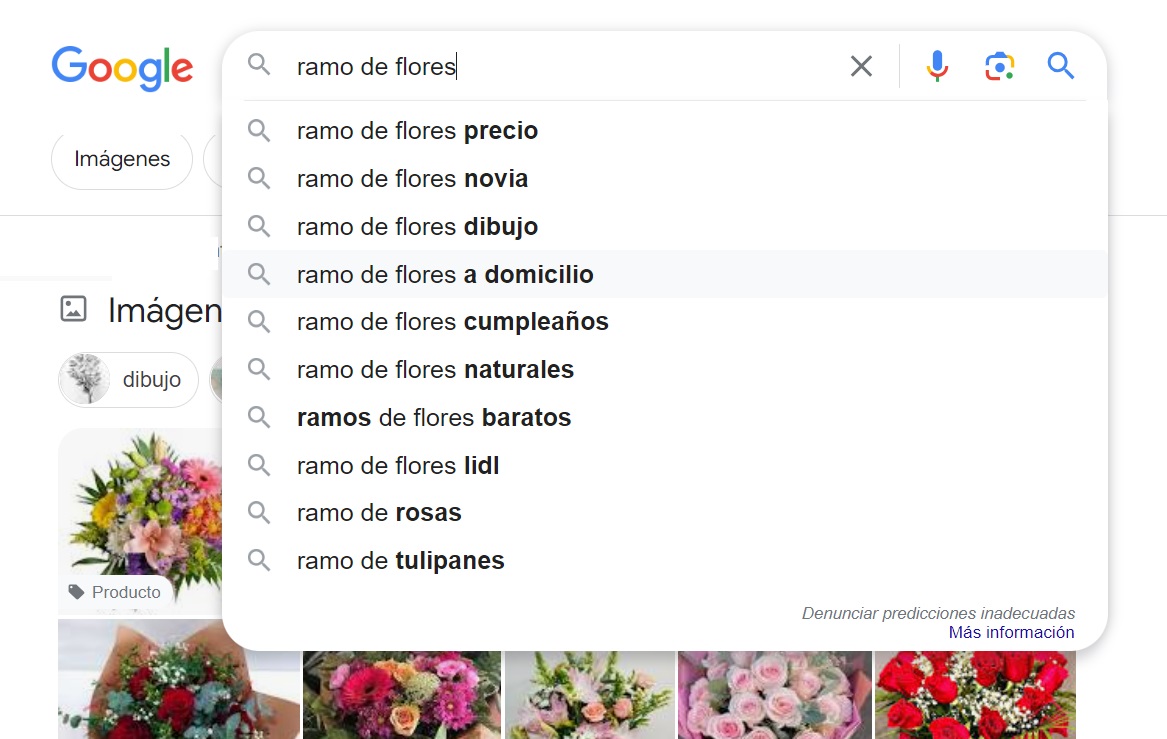 SEO páginas de producto - Búsqueda en Google de ramos de flores con sugerencias