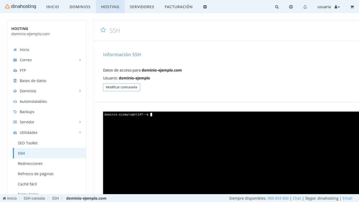 ssh en el panel dinahosting