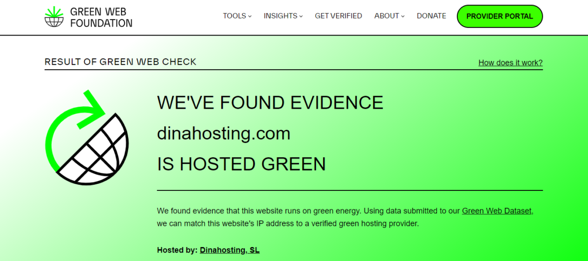 Resultado del Green Web Check para dinahosting.com