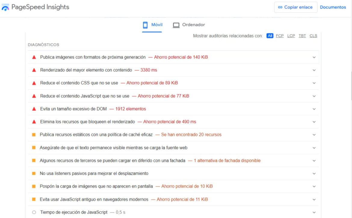 Diagnóstico errores PageSpeed