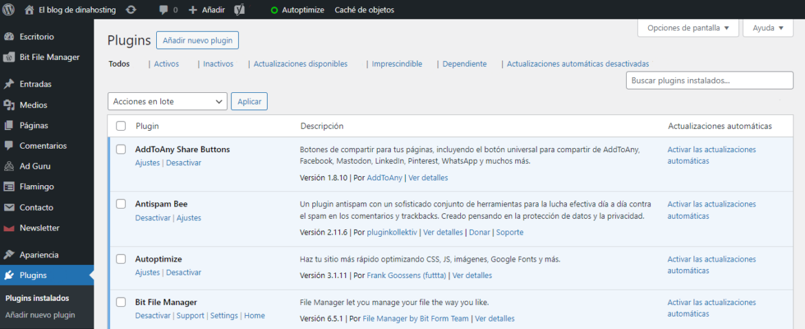 Plugins instalados en WordPress