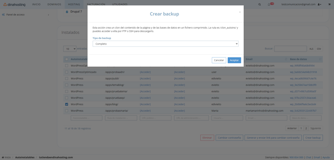 Crear Backup WordPress en el Panel de Control de dinahosting